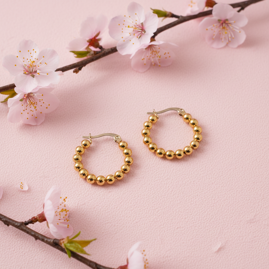 Pendiente Bolitas Medium con fondo rosa primavera